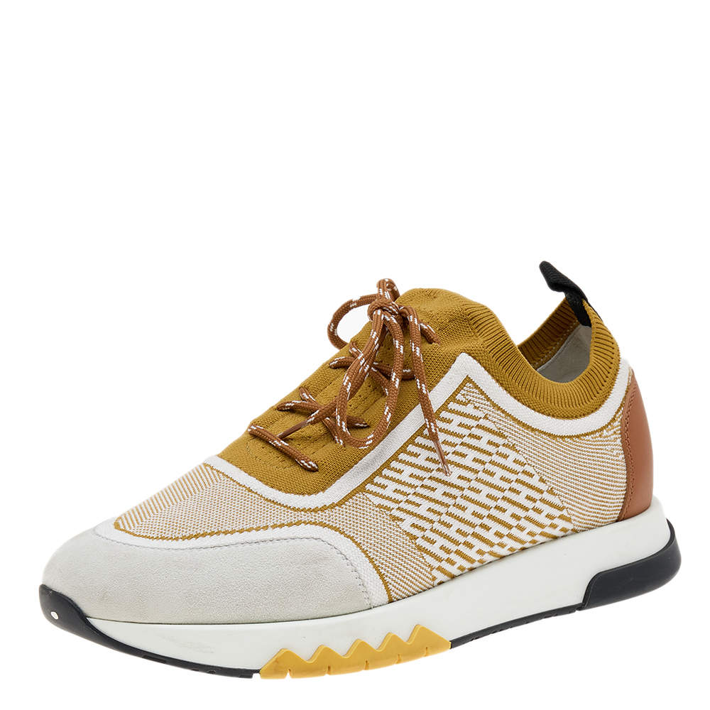 Hermes Multicolor Knit Fabric And Leather Addict Sneakers Size 39