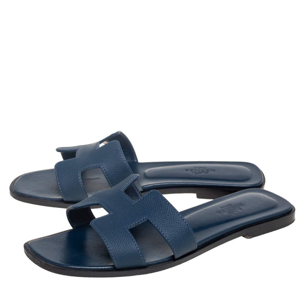 Hermes Navy Blue Leather Oran Flat Slides Size 37.5