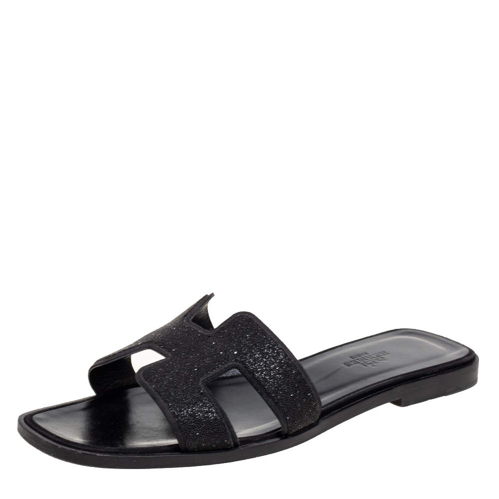 Hermes Black Crystal Suede Oran Flat Slides Size 37 
