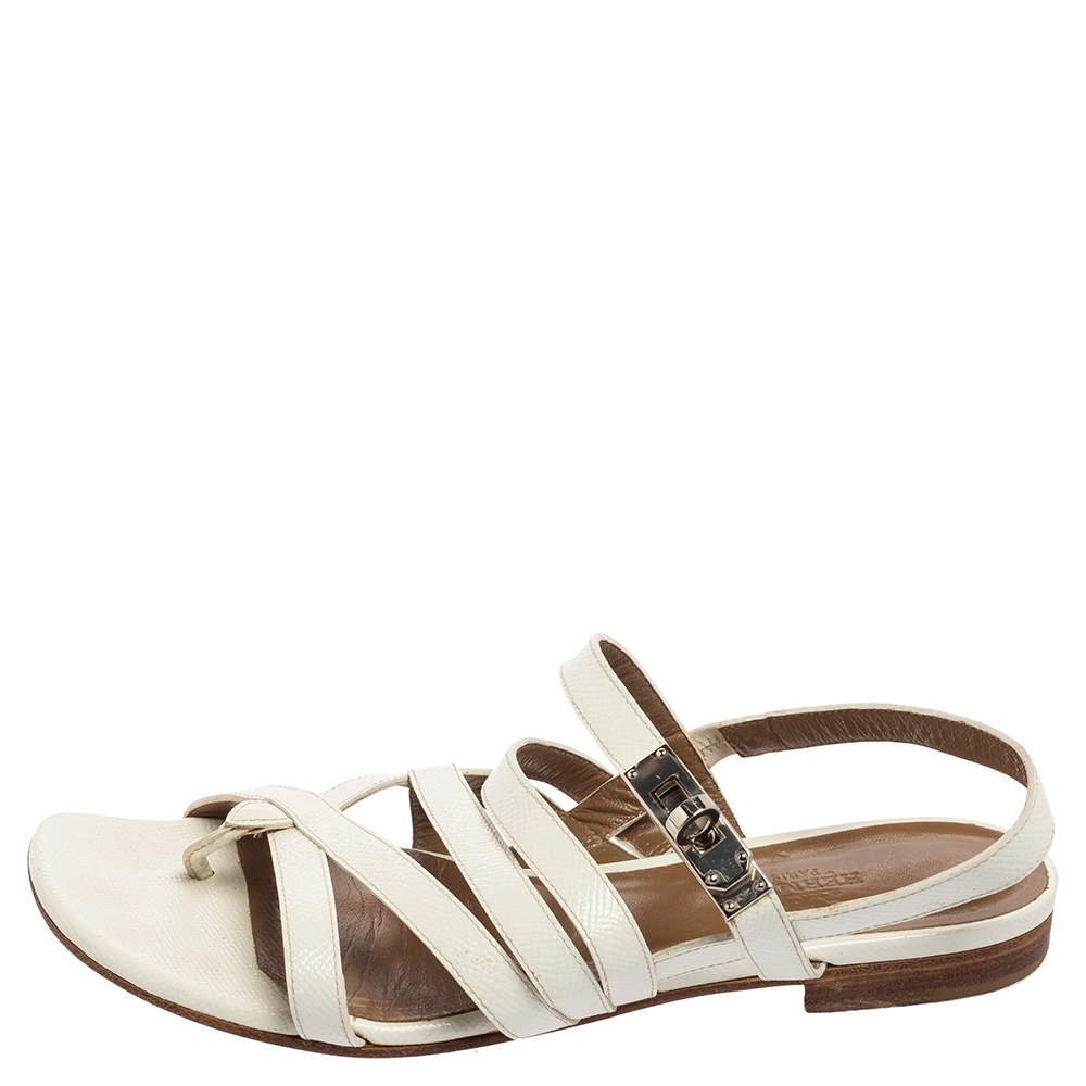 Hermes White Patent Leather Marine Strappy Flat Sandals Size 37