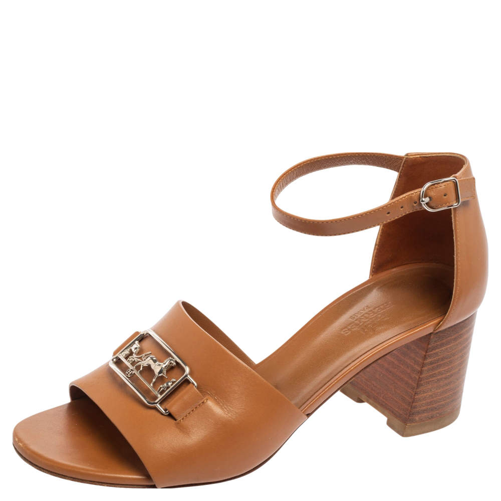 Pre Owned Hermes Tan Leather Viaggio Ankle-Strap Sandals Size 38