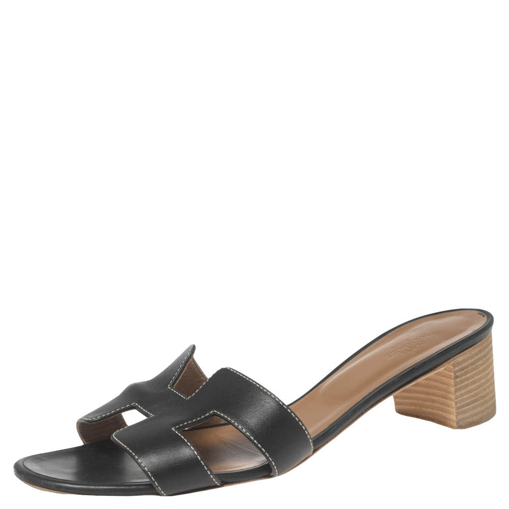 Pre Owned Hermes Black Leather Oasis Block Heel Slide Sandals Size 41