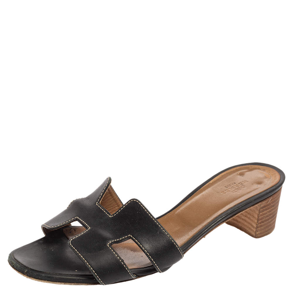 Pre Owned Hermes Black Leather Oasis Slide Sandals Size 38
