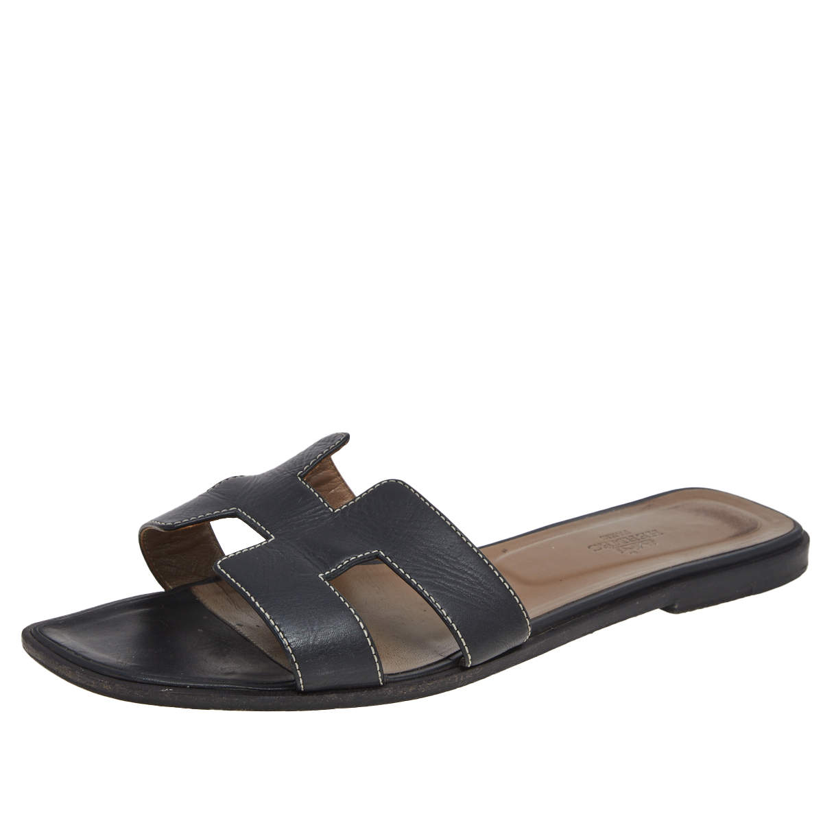 Hermes Black Leather Oran  Sandals Size 41