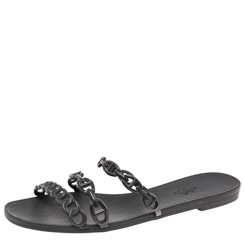 Hermes Black Rubber Chaine d'Ancre Rivage Slide Sandals Size 40