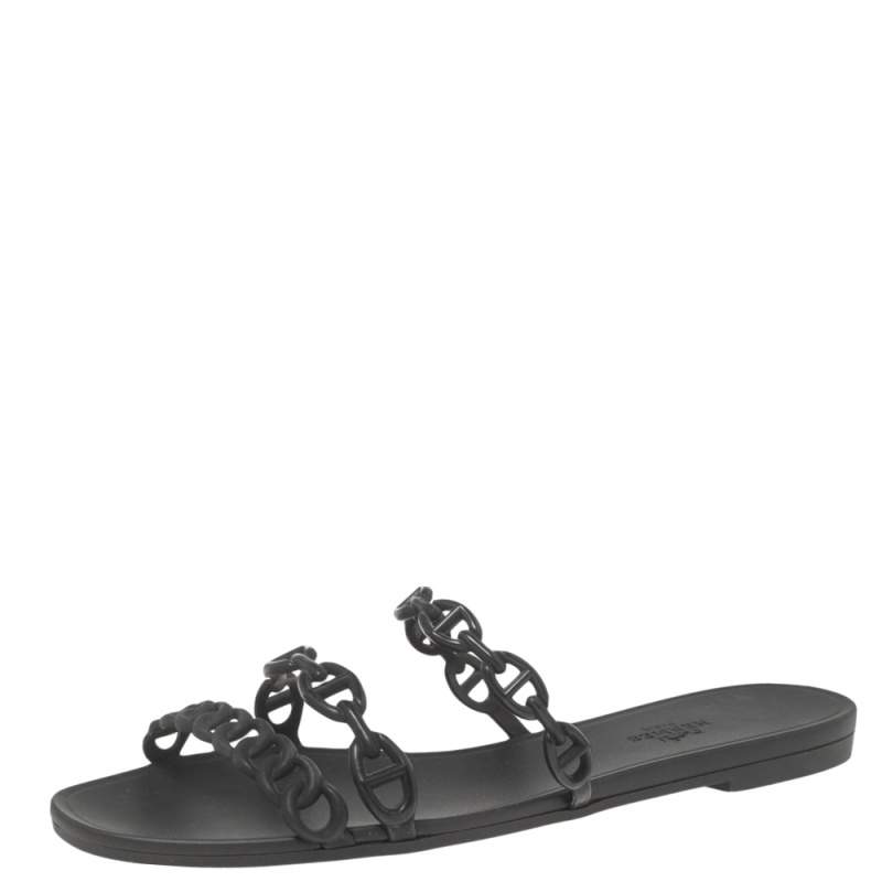 Pre Owned Hermes Black Rubber Chaine d'Ancre Rivage Slide Sandals Size 39