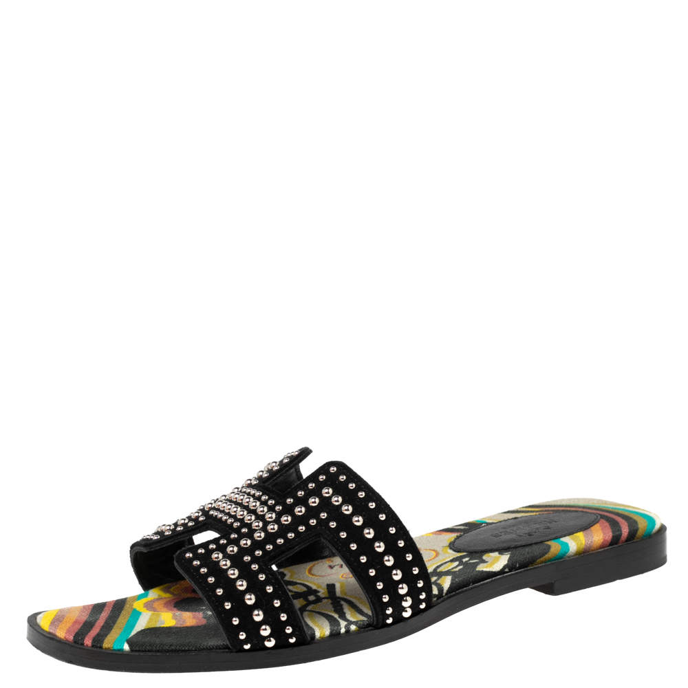 Hermes Black Studded Suede Oran Flat Slides Size 36