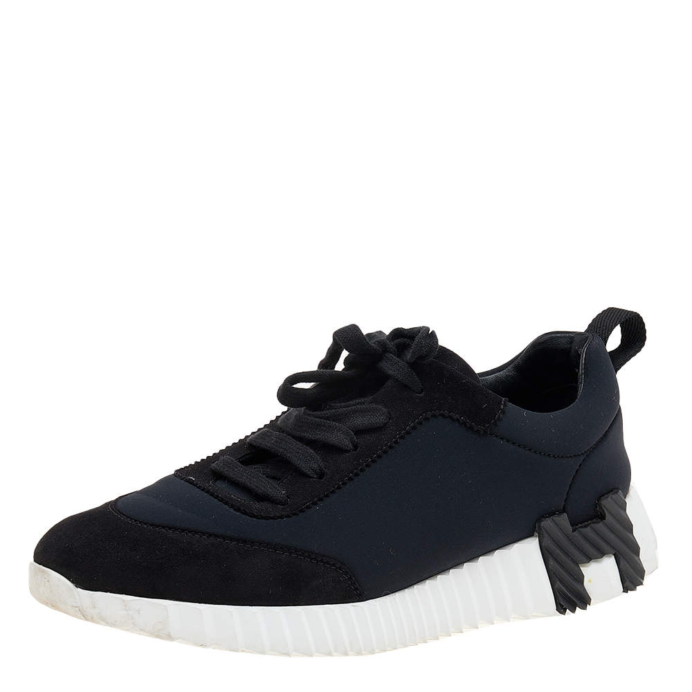 مملوكة مسبقًا Hermes Black/Navy Blue Suede And Neoprene Bouncing Sneakers Size 38