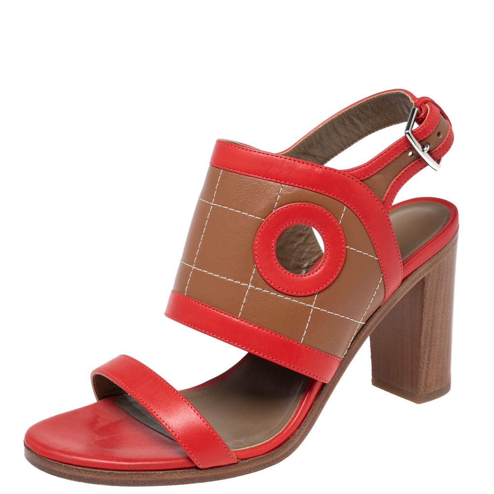 Hermes Red/Brown Leather Slingback Sandals Size 38