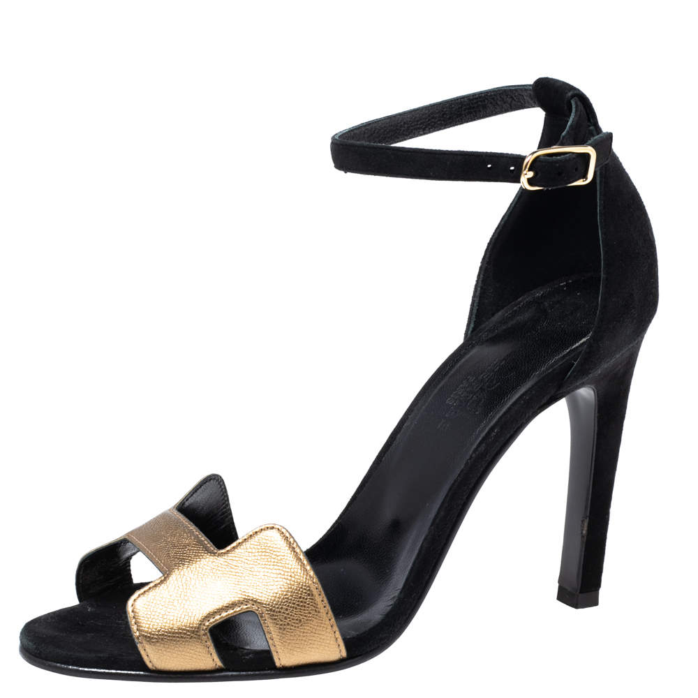 Hermes Gold/Black Leather and Suede Premiere Ankle-Strap Sandals Size 36
