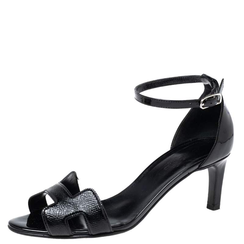 Pre Owned Hermes Black Patent Premiere Ankle Strap sandals Size 38.5