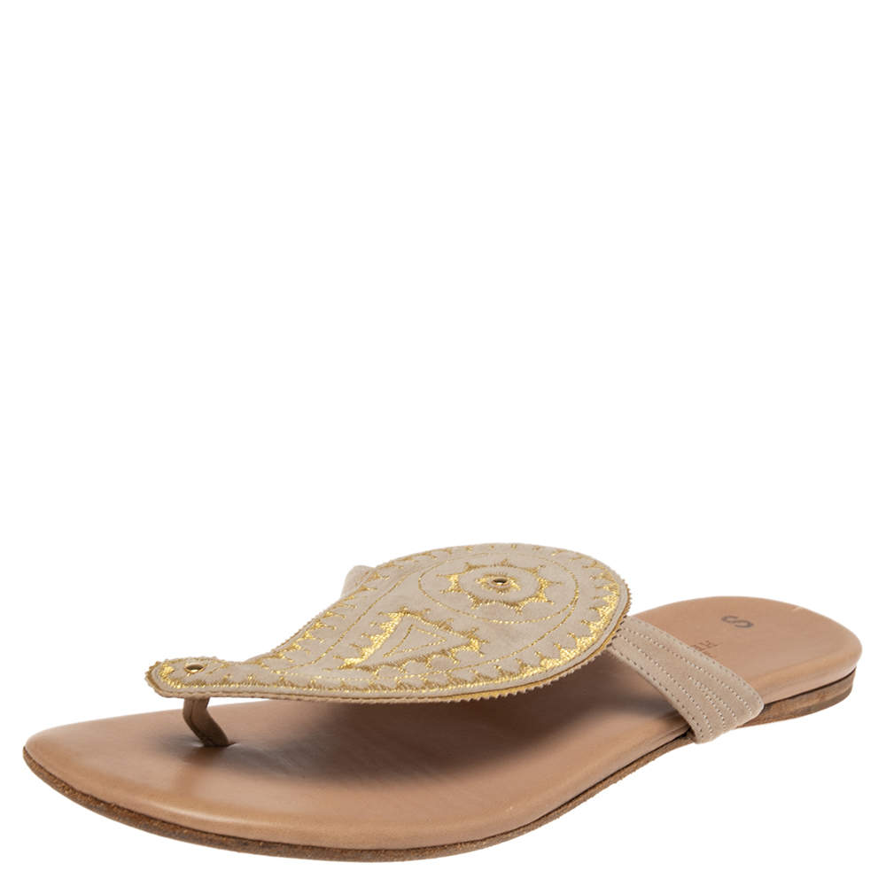 Hermes Beige/Brown Suede And Leather  Embroidered Flat Sandals Size 38.5