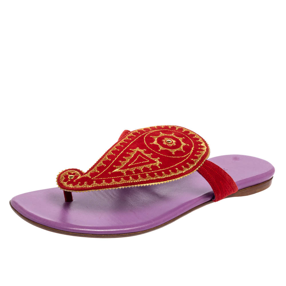 Hermes Red Suede Embroidered Motif Flat Thong Slides Size 38.5