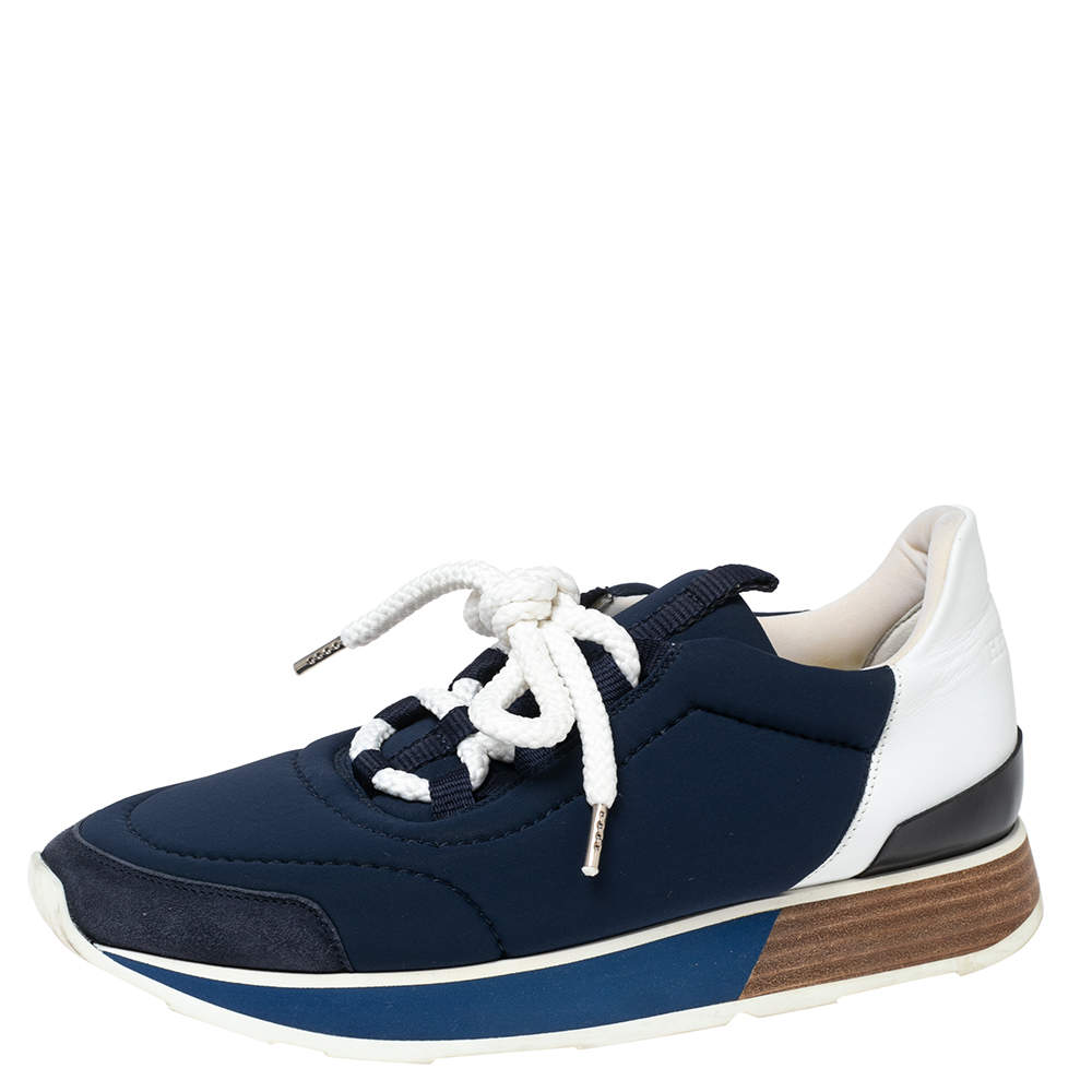 Hermes Navy Blue/White Nylon And Leather Buster Low Top Sneakers Size 36