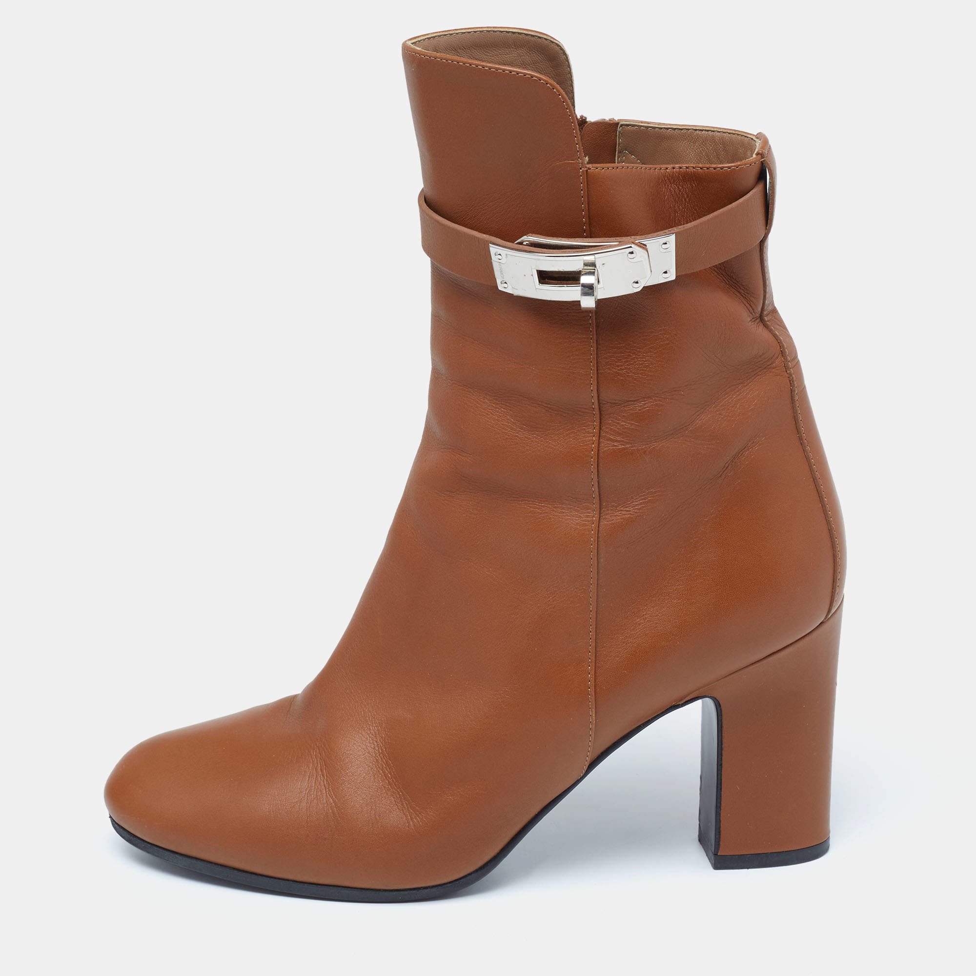 Hermes Brown Leather Joueuse Ankle Boots Size 37.5