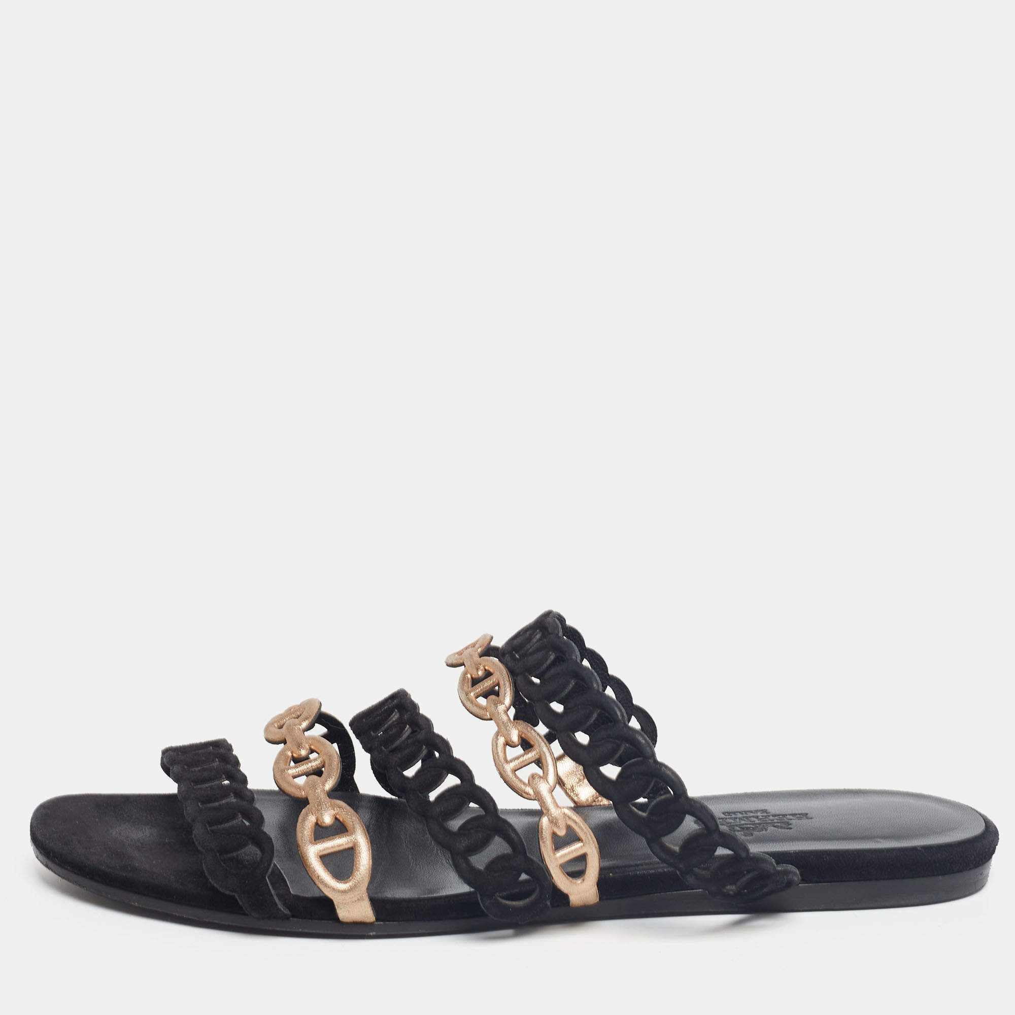 Hermès Black/Gold Suede And Leather  D'ancre Chaine Flat Sandals Size 36