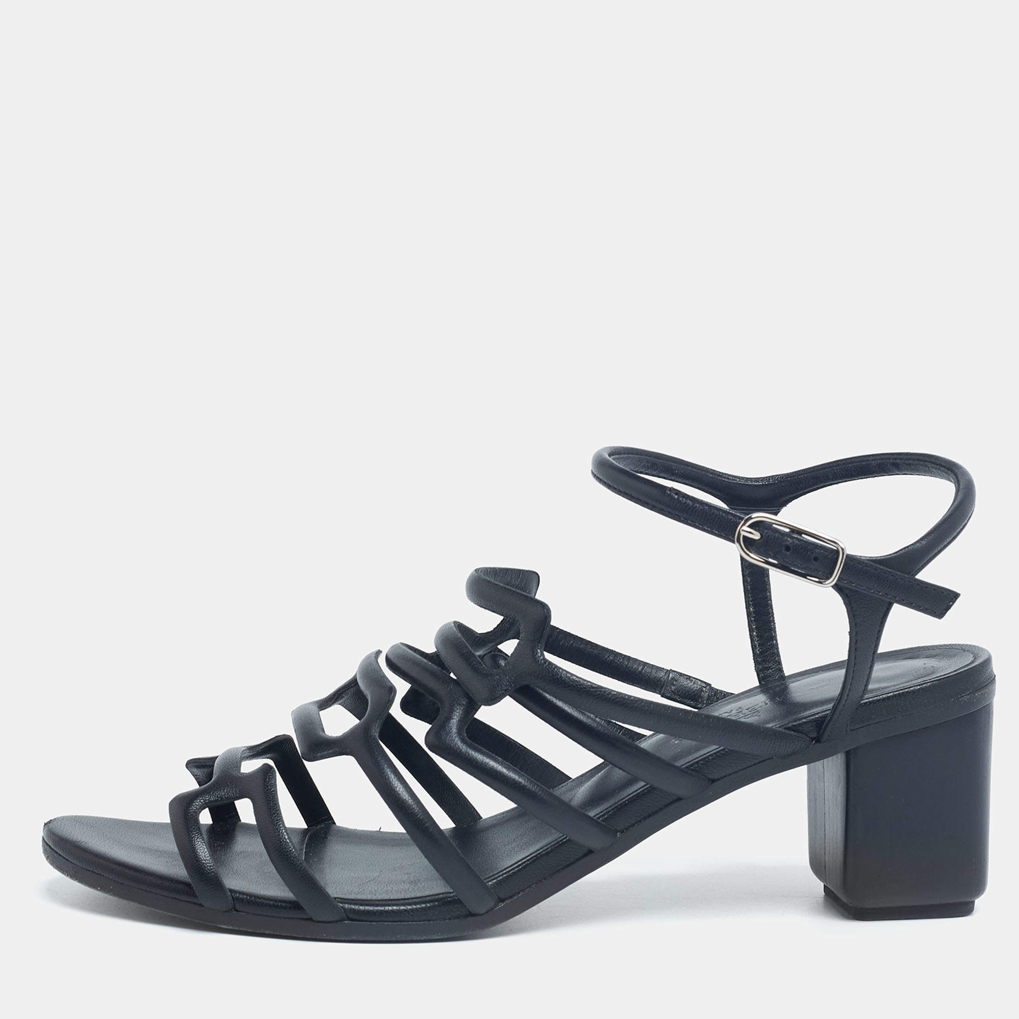 Hermes Black Leather Oracle Block Heel Ankle Strap Sandals Size 39