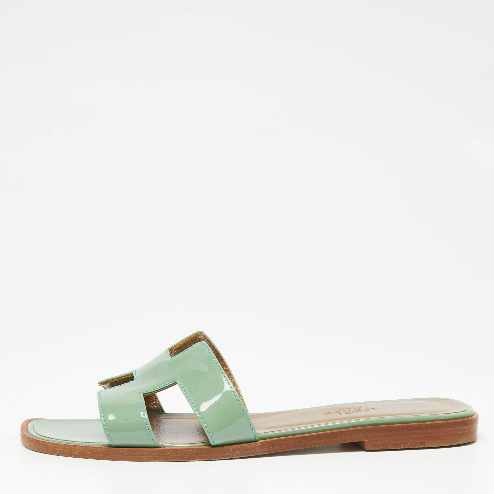 Hermès Green Patent Leather Oran Flat Slides Size 38