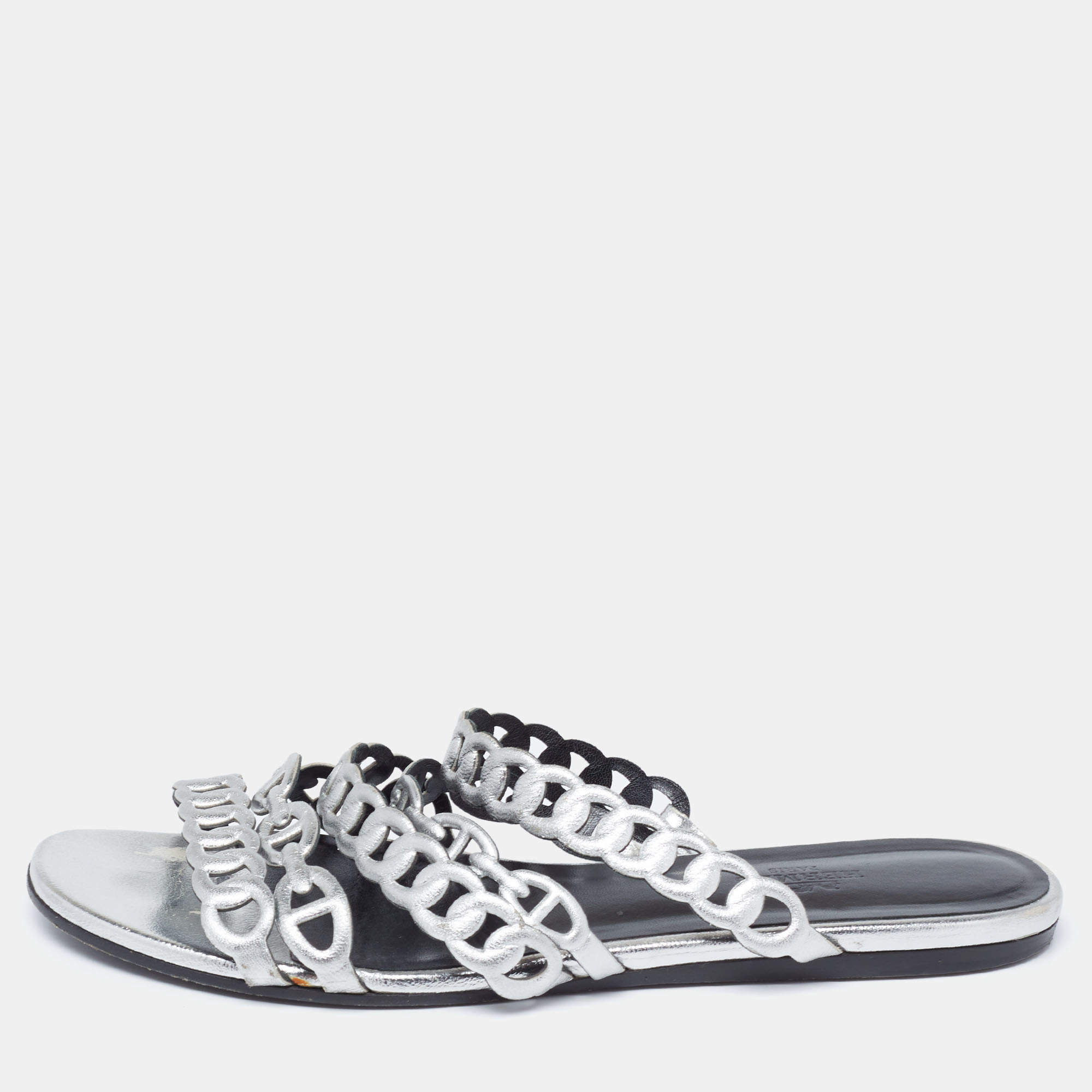 Hermes Silver Leather  D'ancre Chaine Flat Sandals Size 36