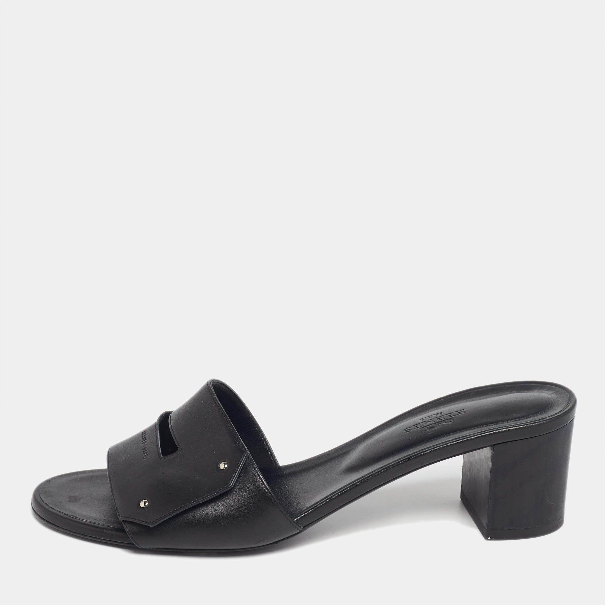 Hermes Black Leather View Slide Sandals Size 40