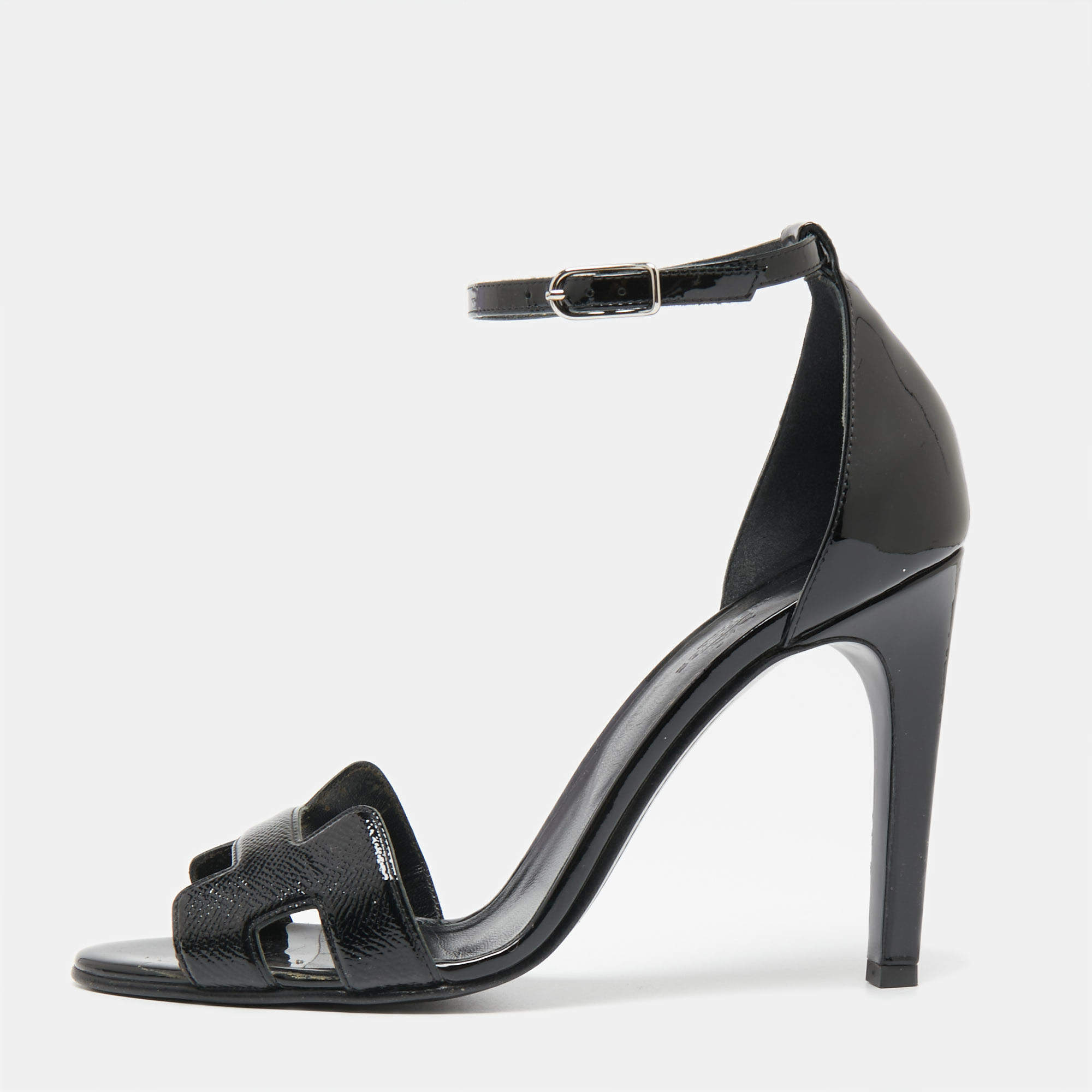 Hermes Black Patent Premiere Ankle Strap Sandals Size 39.5