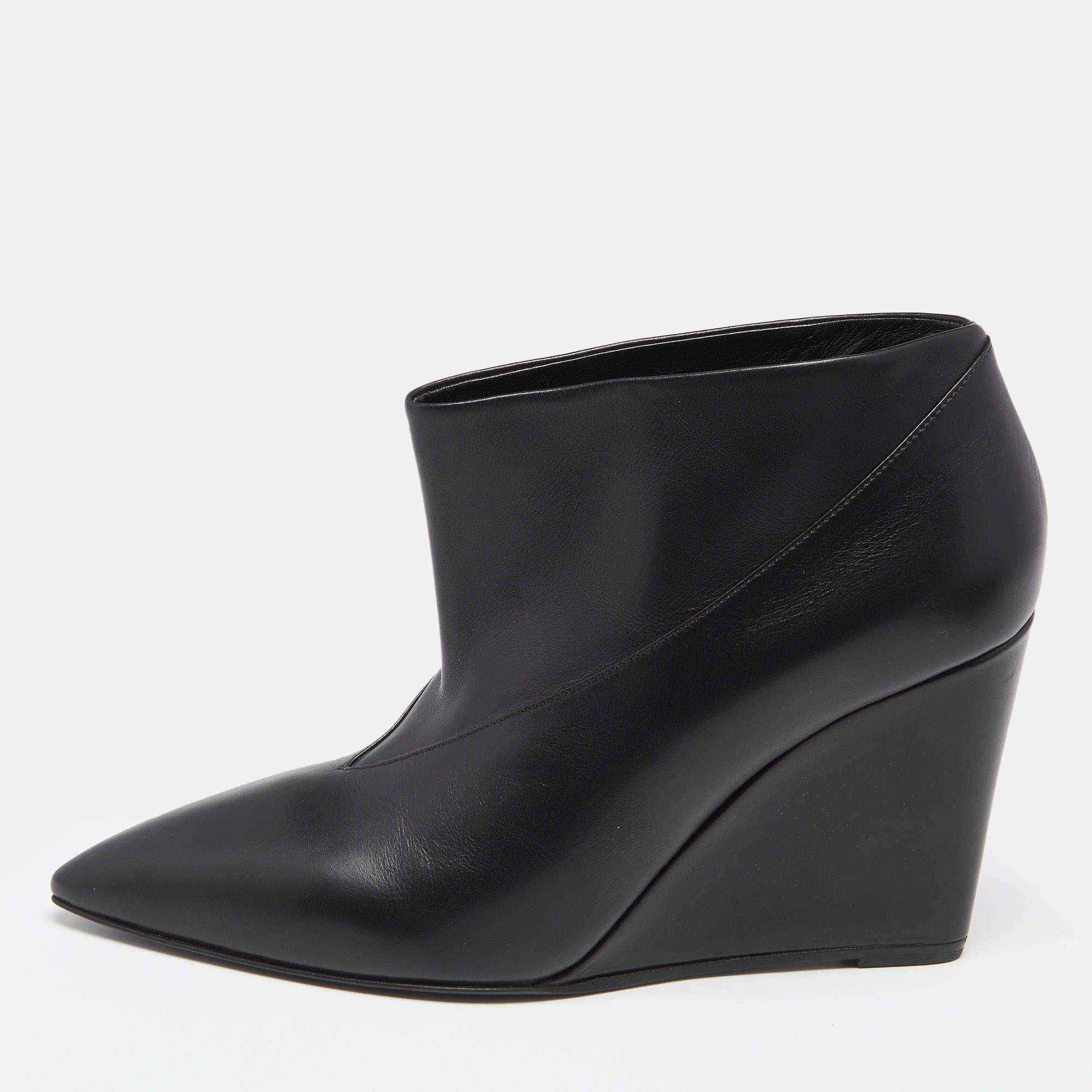 Hermes Black Leather Pointed Toe Wedge Ankle Booties Size 39