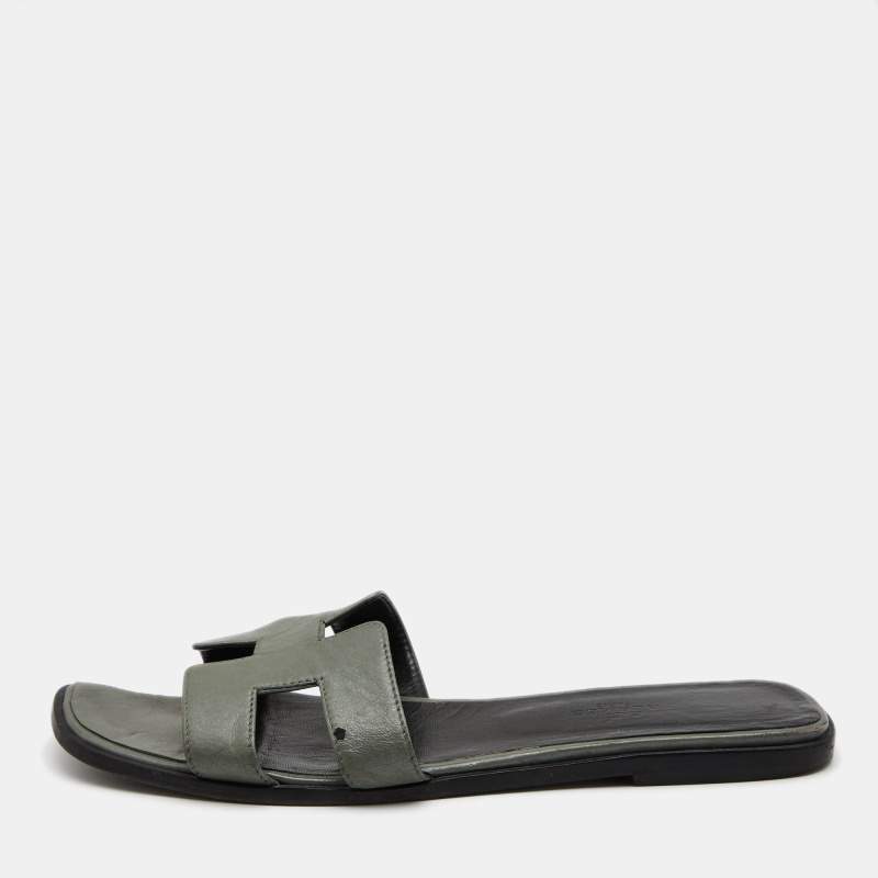 Hermes Grey/Black Leather Oran Flat Slides Size 40.5