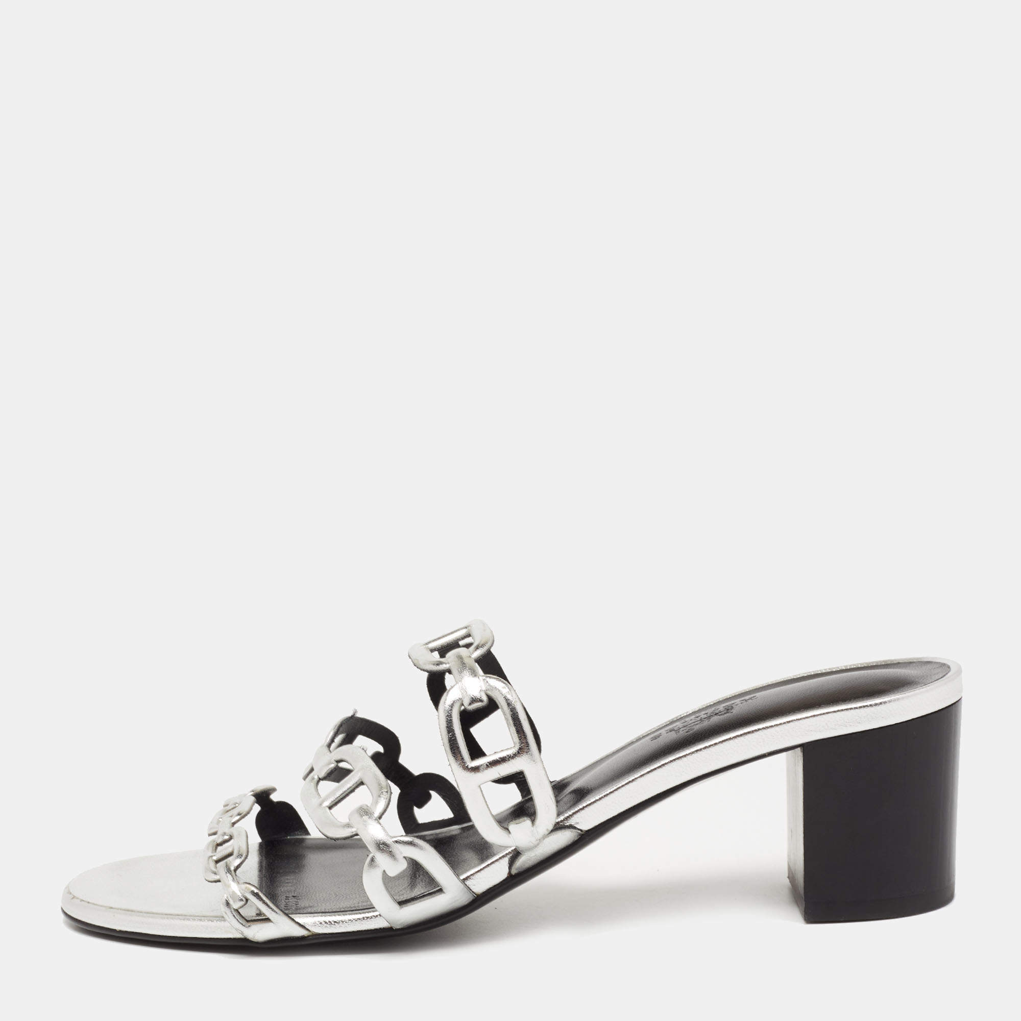 Hermes Silver Leather Chaine D'Ancre Slide Sandals Size 38.5