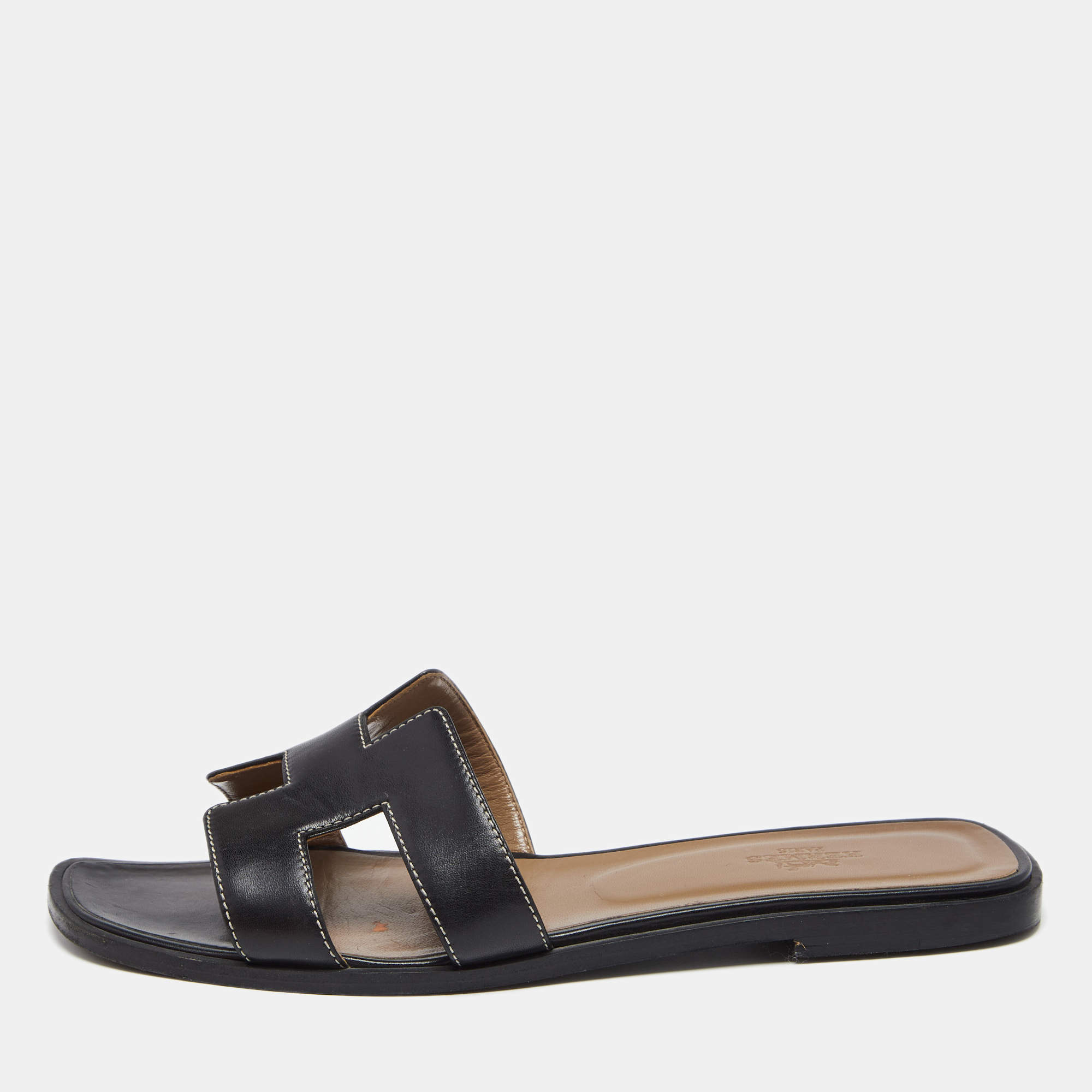 Hermes Black Leather Oran Flat Slide Sandals Size 39
