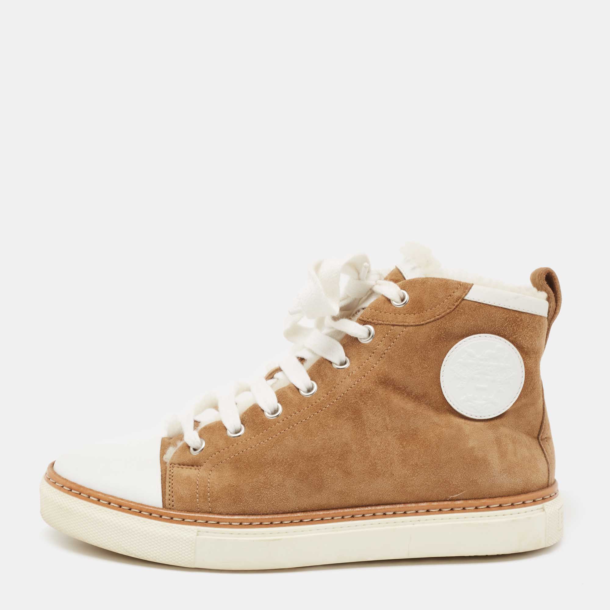 Hermes Brown/White Suede And Leather Sneakers Size 37.5