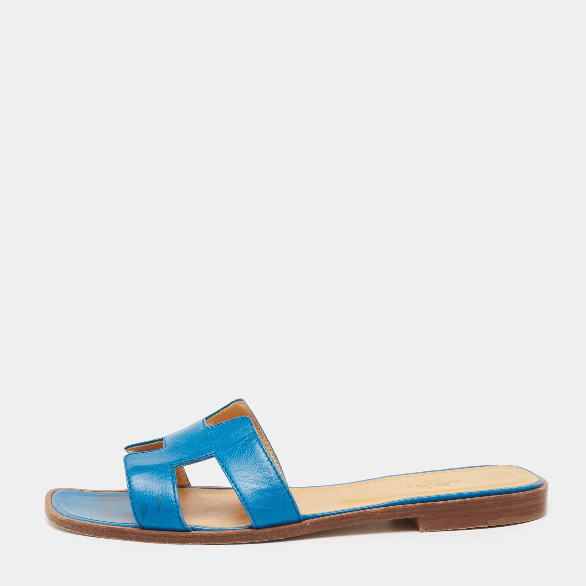 Hermes Blue Leather Oran Flat Slides Size 40 