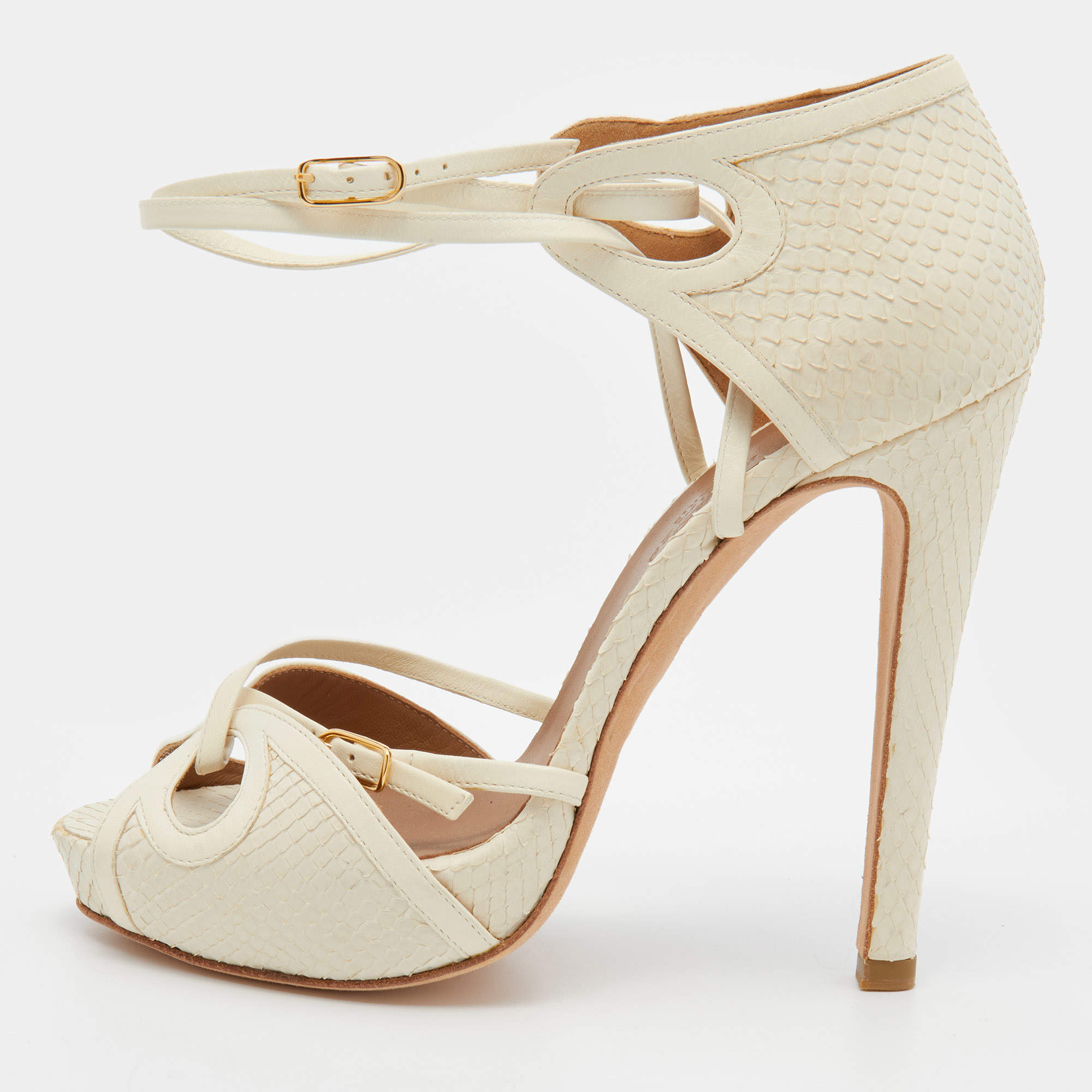 Hermes Cream Python Peep Toe Ankle Strap Sandals Size 36.5