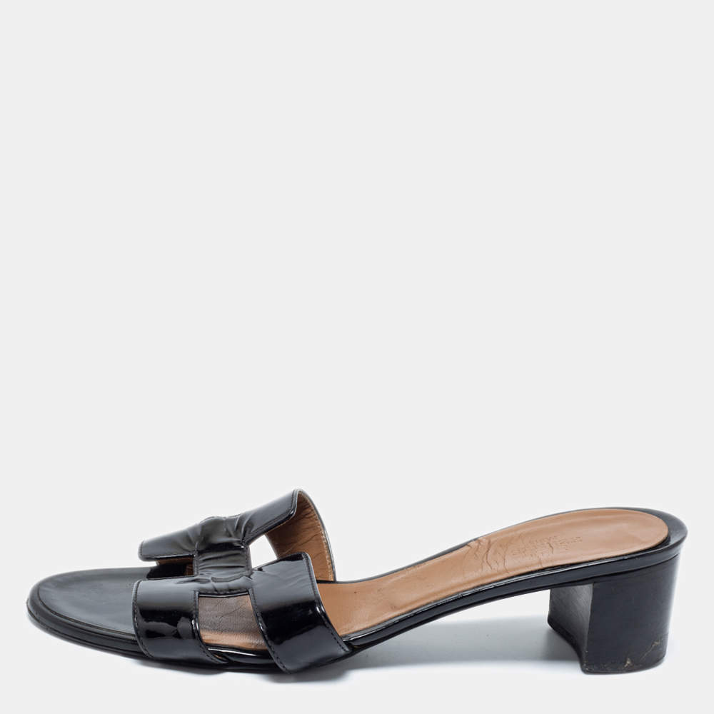 Hermes Black Patent Leather Oasis Slide Sandals Size 40.5