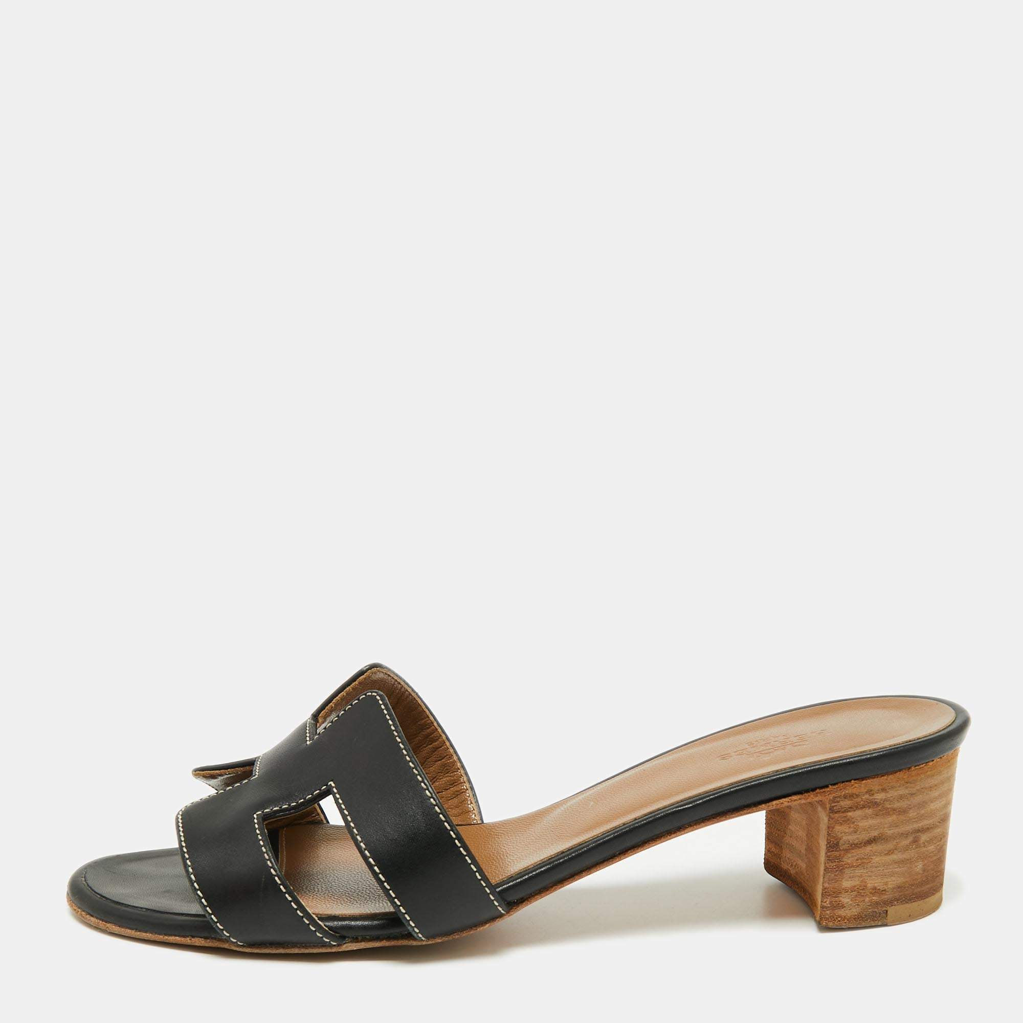 Pre Owned Hermes Black Leather Oasis Sandals Size 36.5