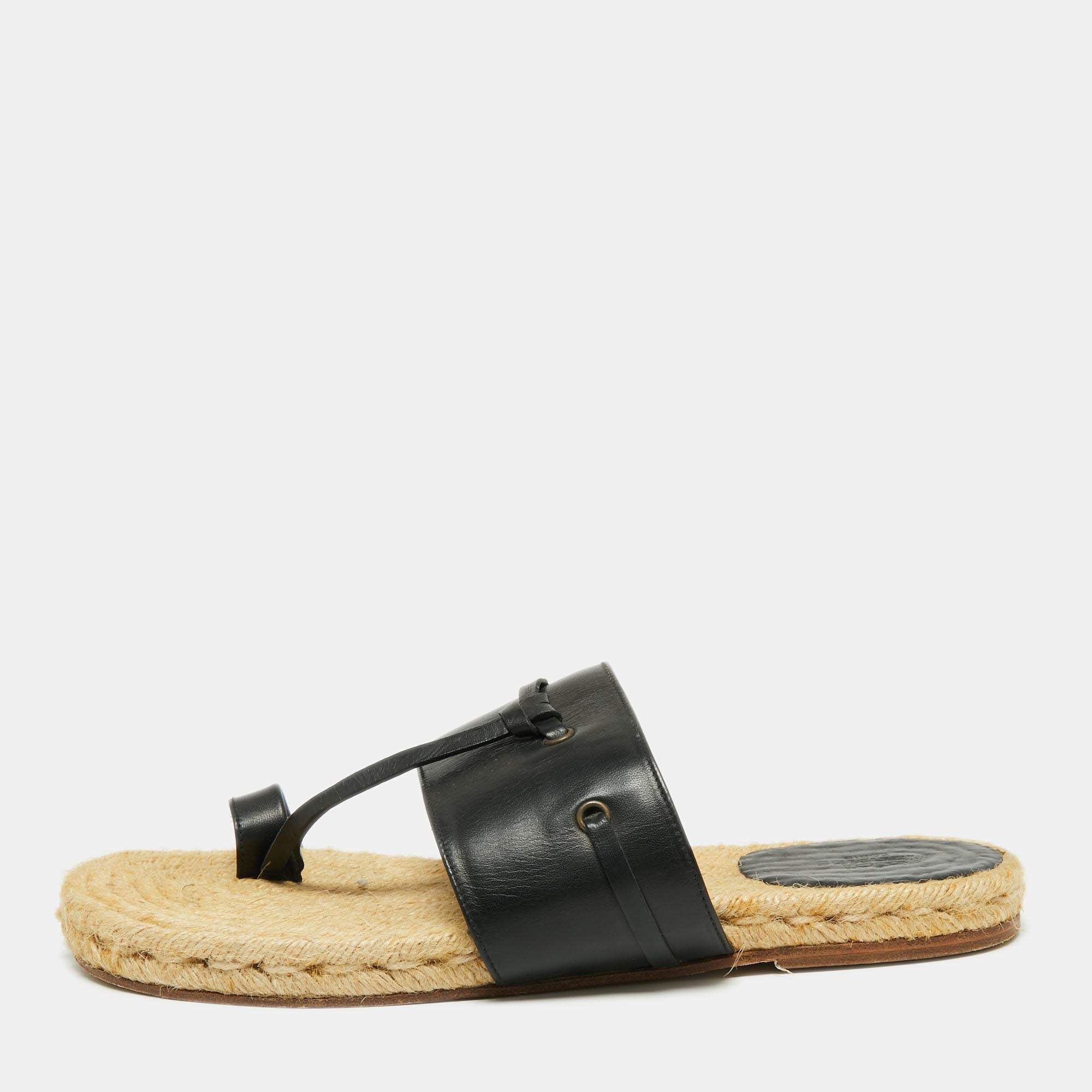 Hermes Black Leather Ring Toe Flat Sandals Size 41