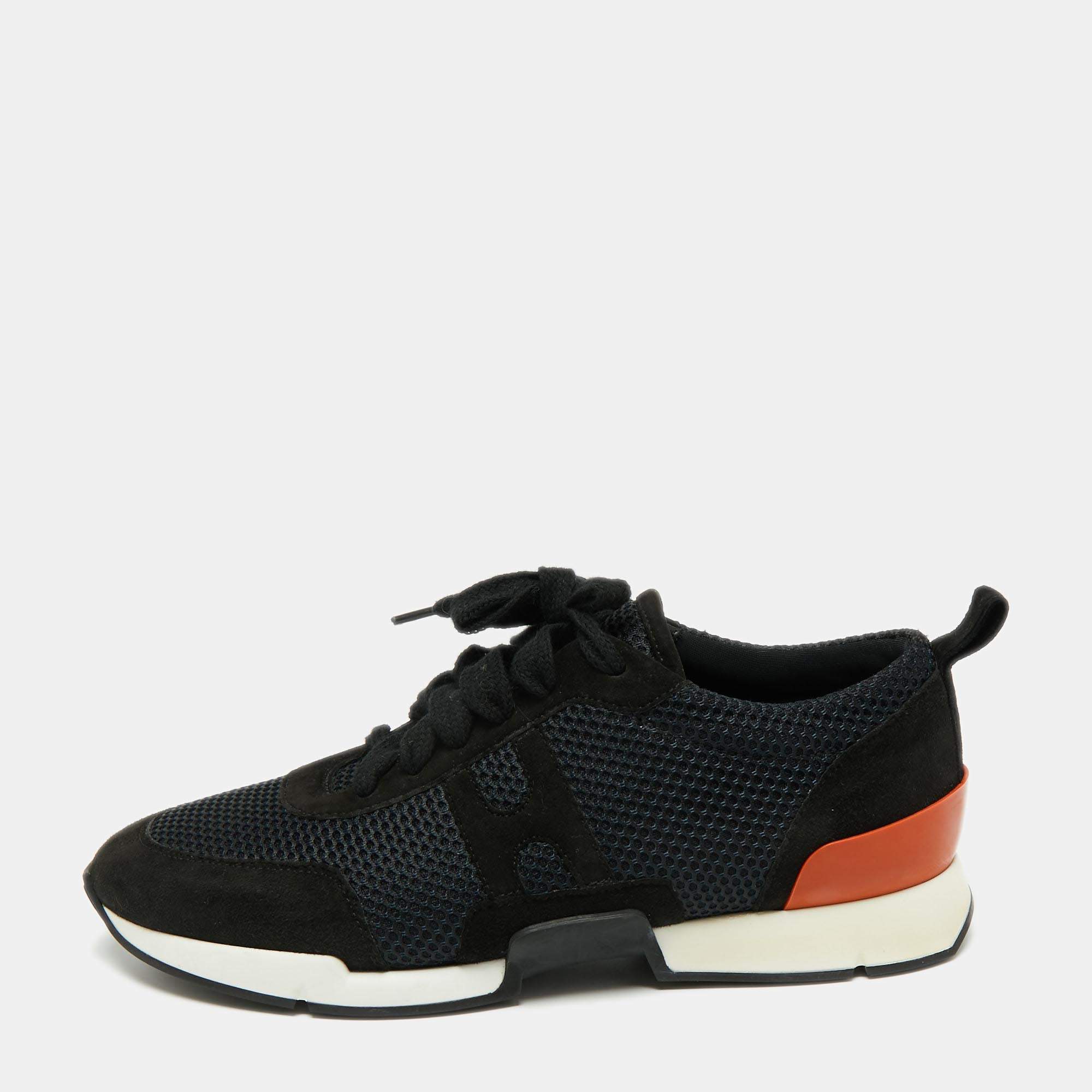 Hermes Navy Blue Suede And Leather Lace Up Sneakers Size 37