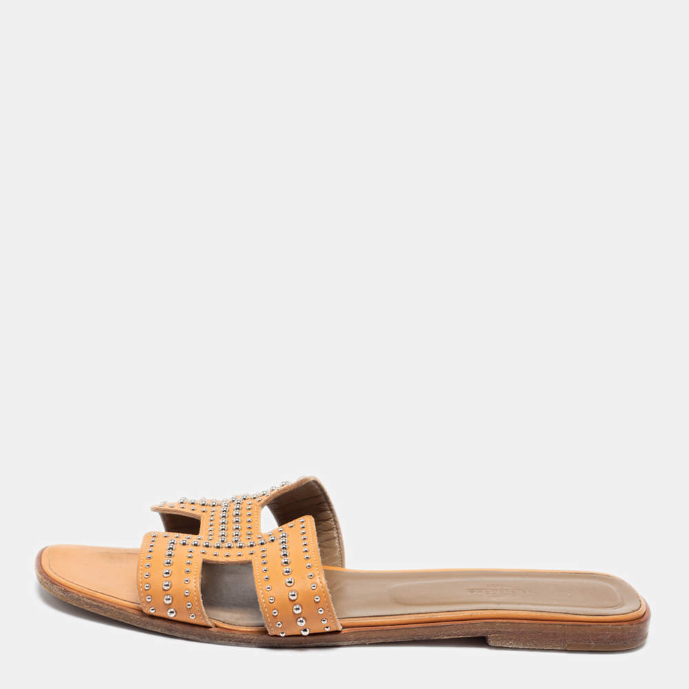 Hermes Brown Leather Studded Oran Sandals Size 41