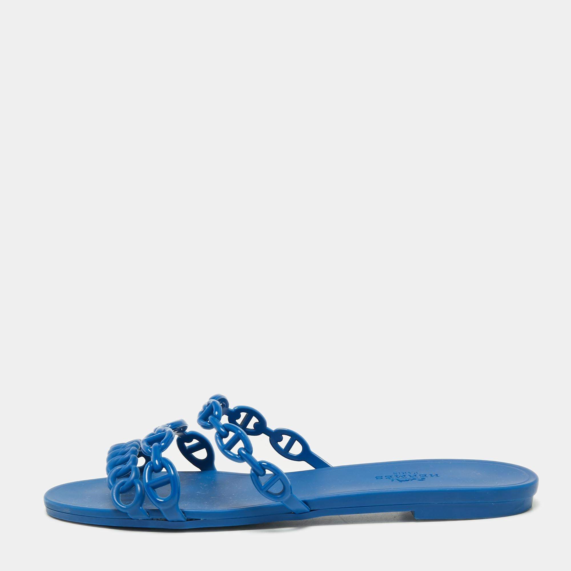 Hermés Blue Rubber Chaîne d'Ancre Rivage Flat Slides Size 36