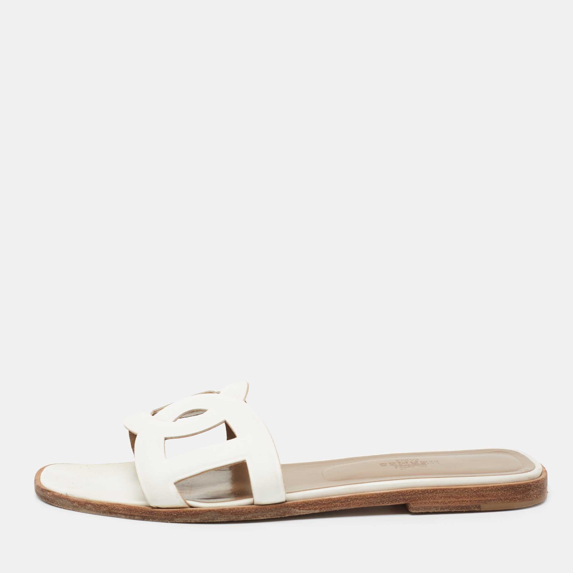 Hermes White Leather Omaha Flat Slides Size 40