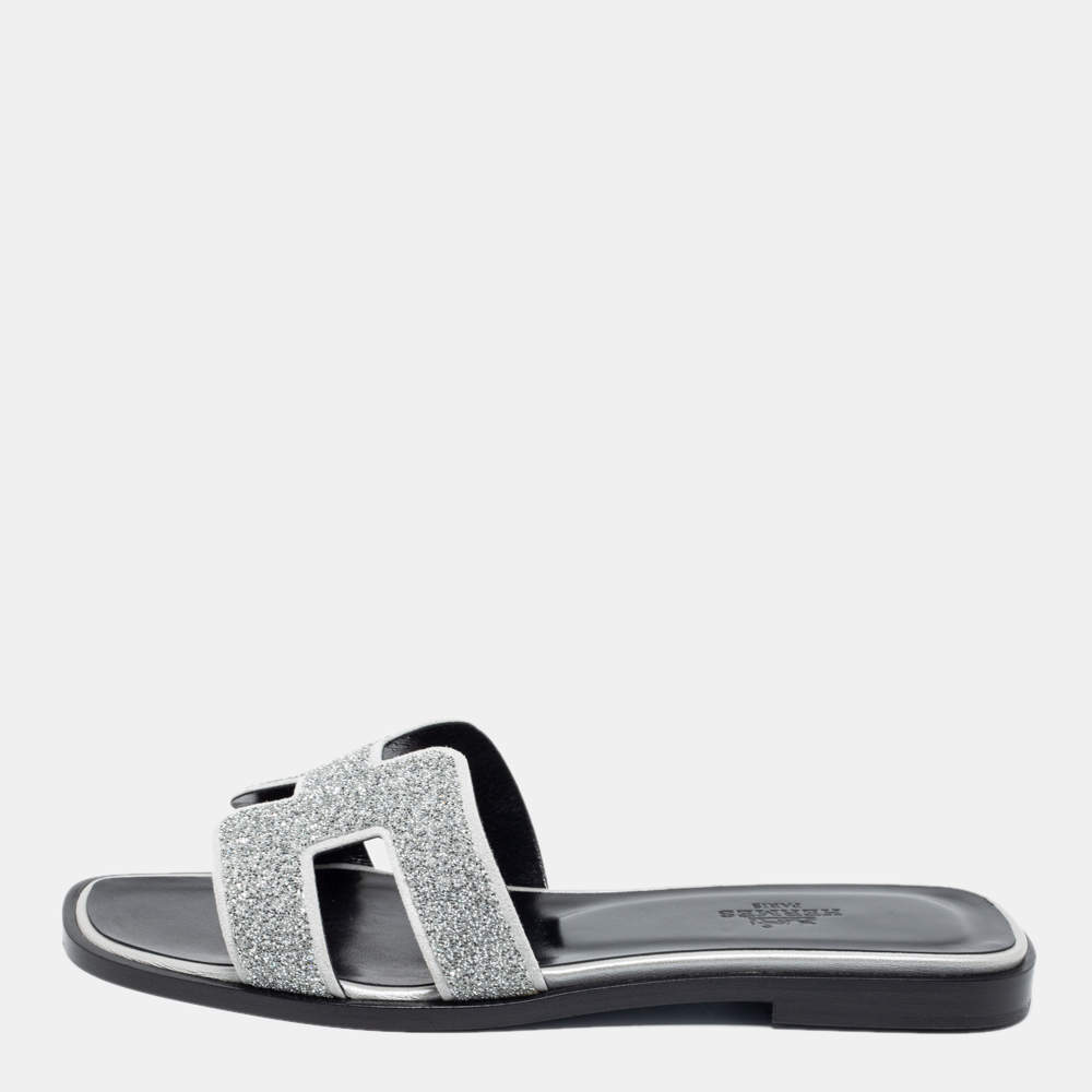 Hermes Silver/Grey Crystals and Suede Trim Oran Flat Slides Size 36