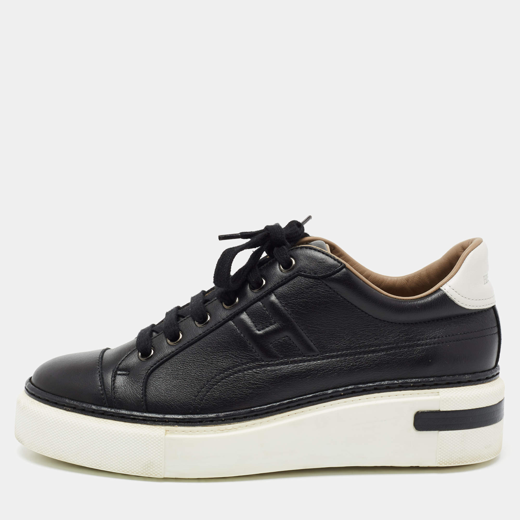 Pre Owned Hermes Black Leather Quicker Sneakers Size 39