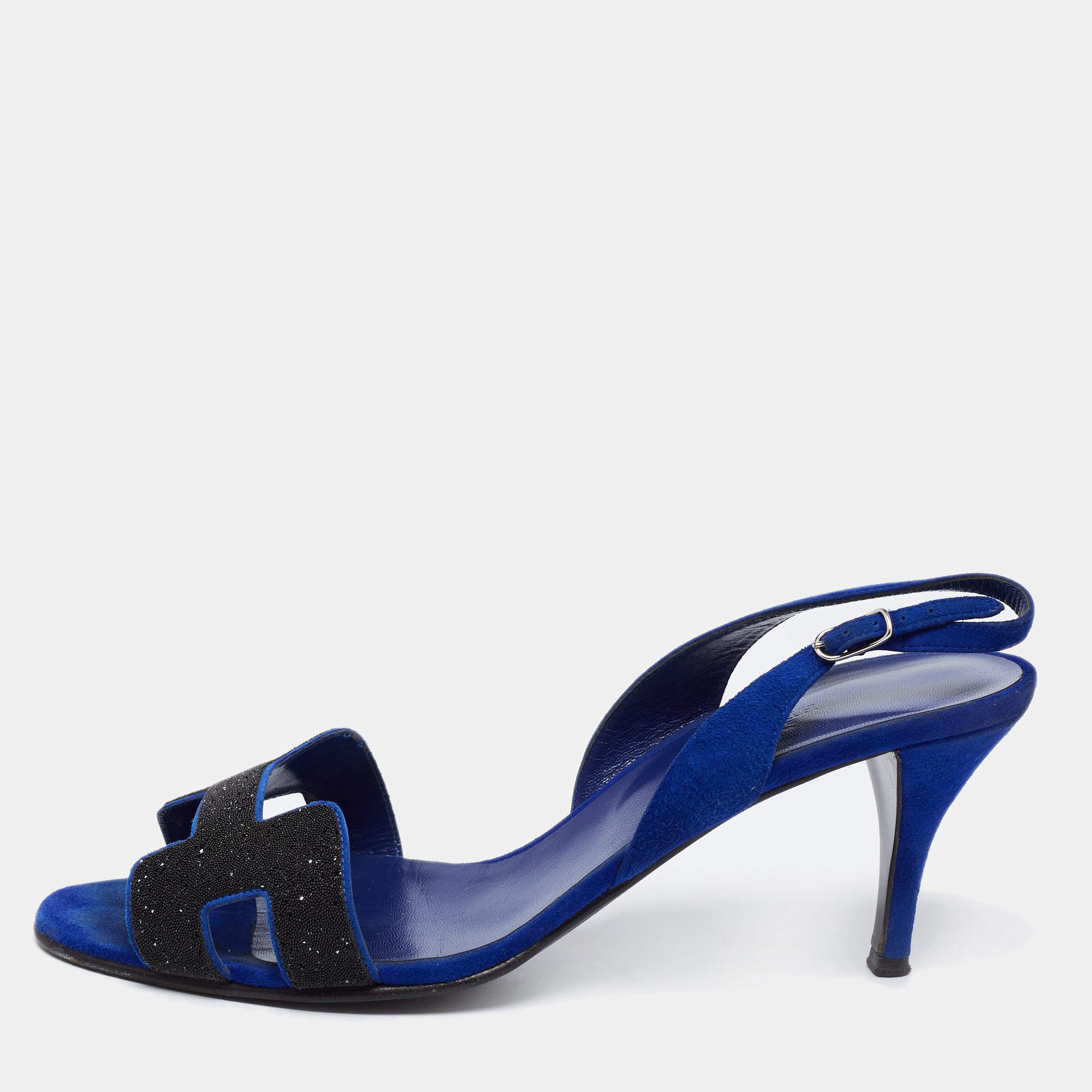 Hermès Blue/Black Suede And Crystal Premiere Slingback Sandals Size 39.5