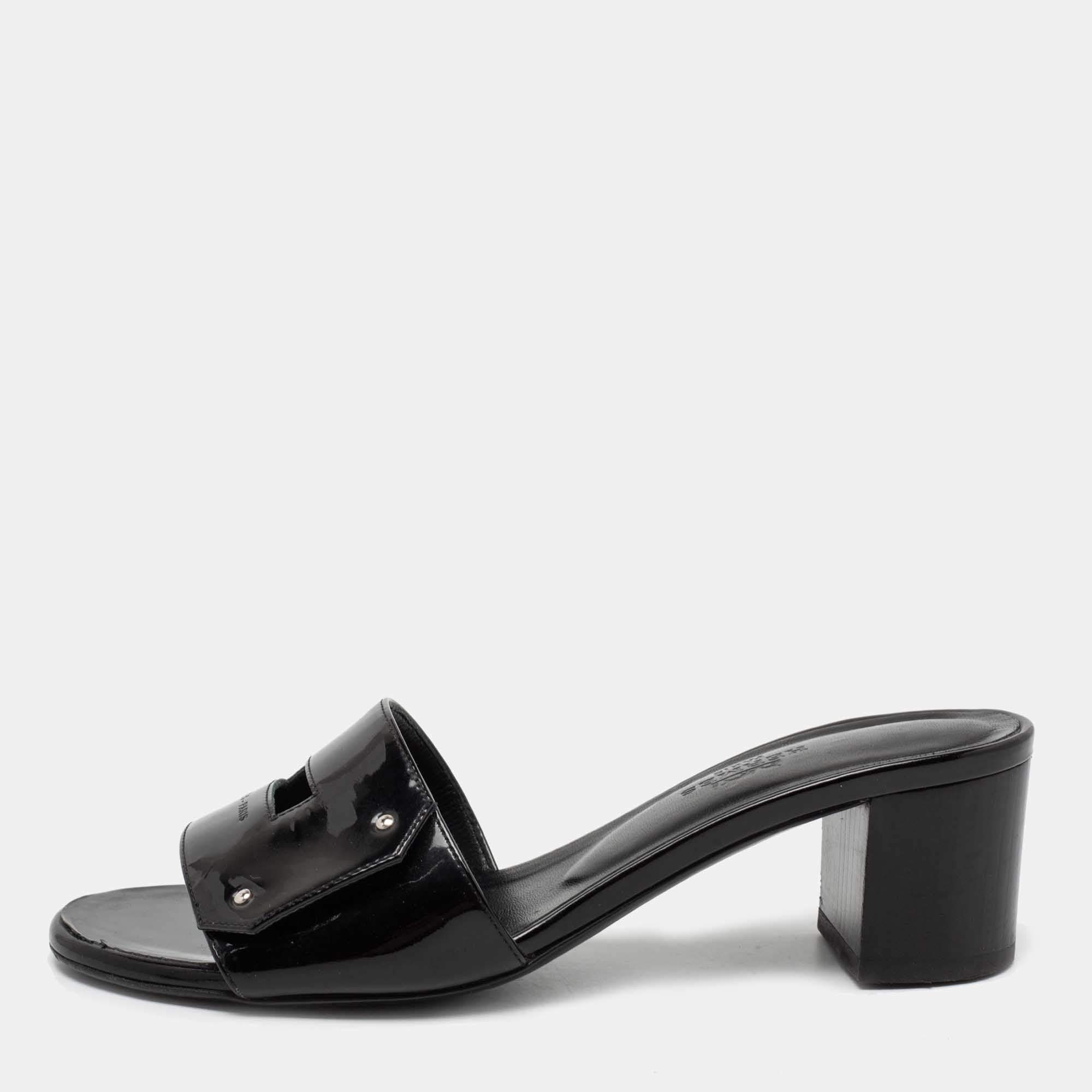 Hermes Black Patent Leather View Slide Sandals Size 35