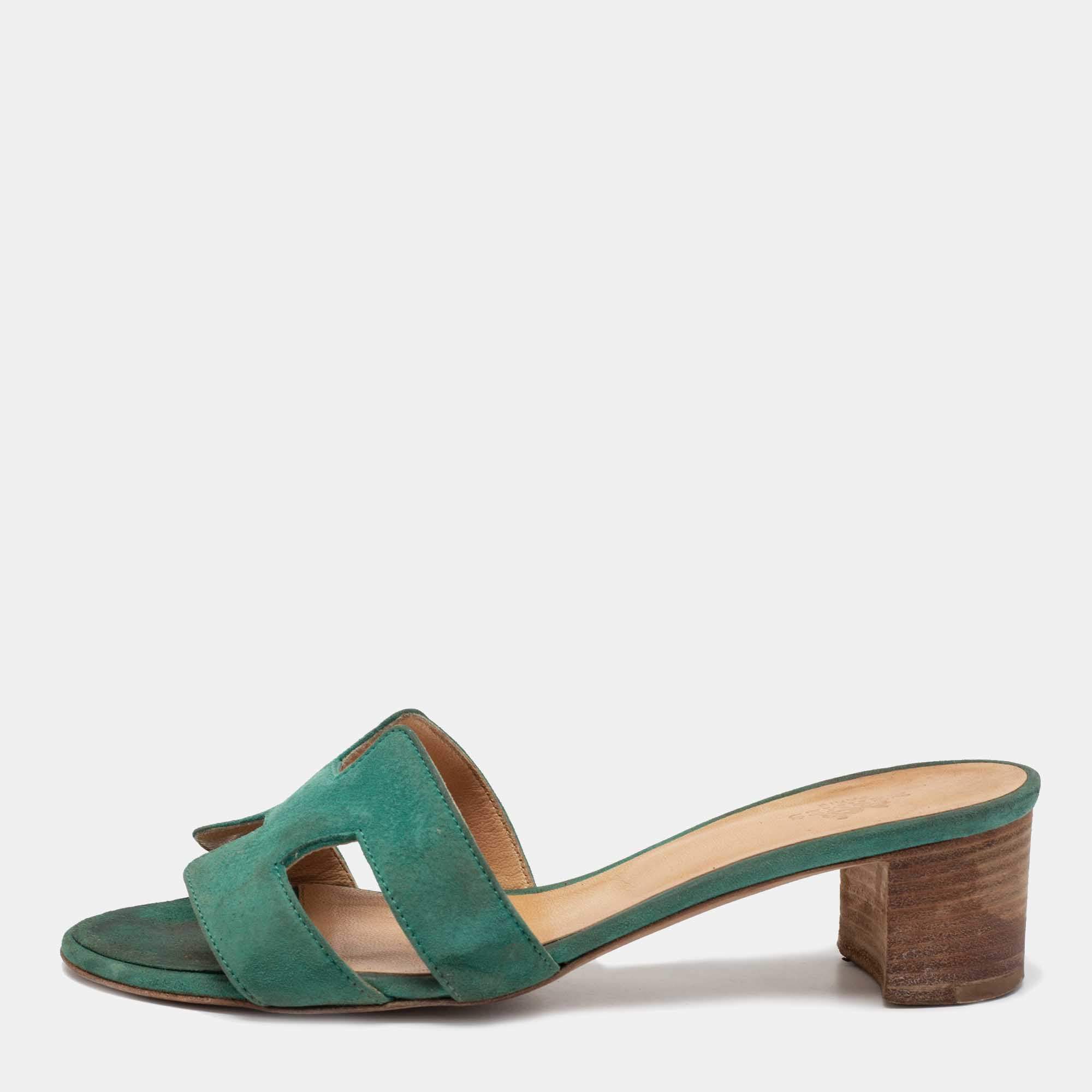 Hermes Green Suede Oasis Slide Sandals Size 38