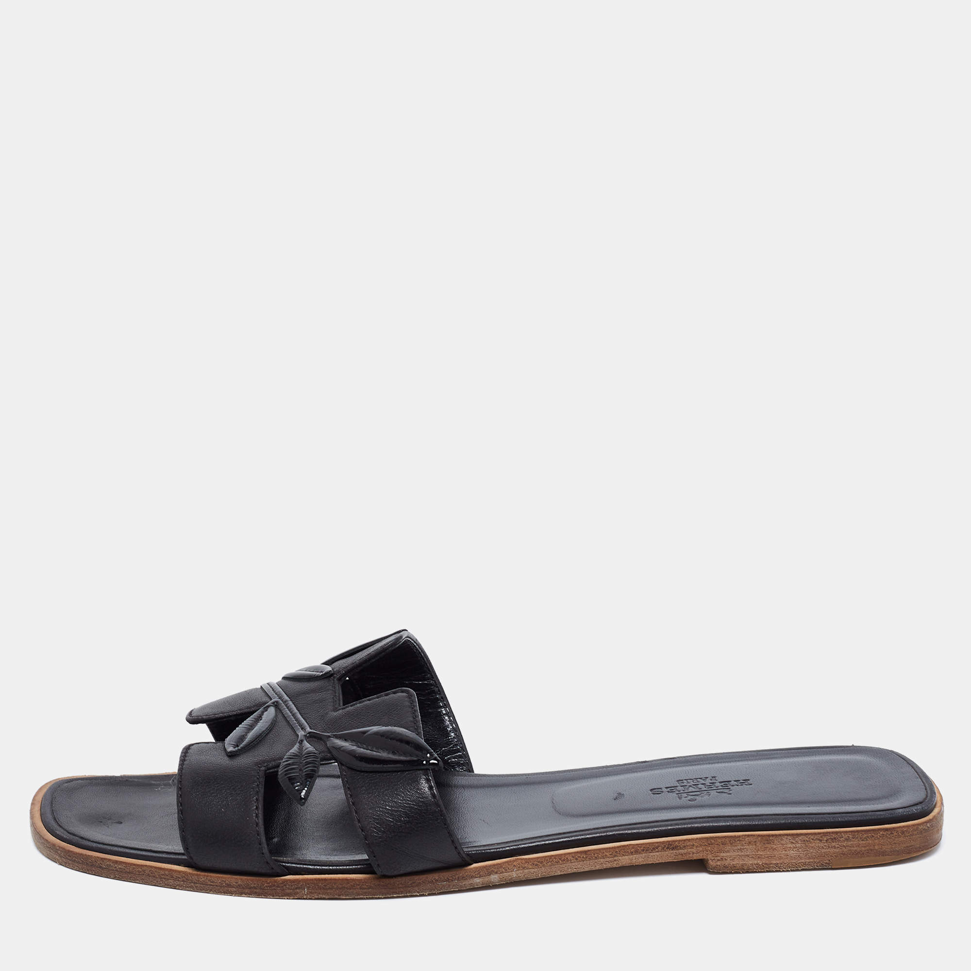 Hermes Black Leather Oran Laurier Flat Slide Sandals Size 40.5