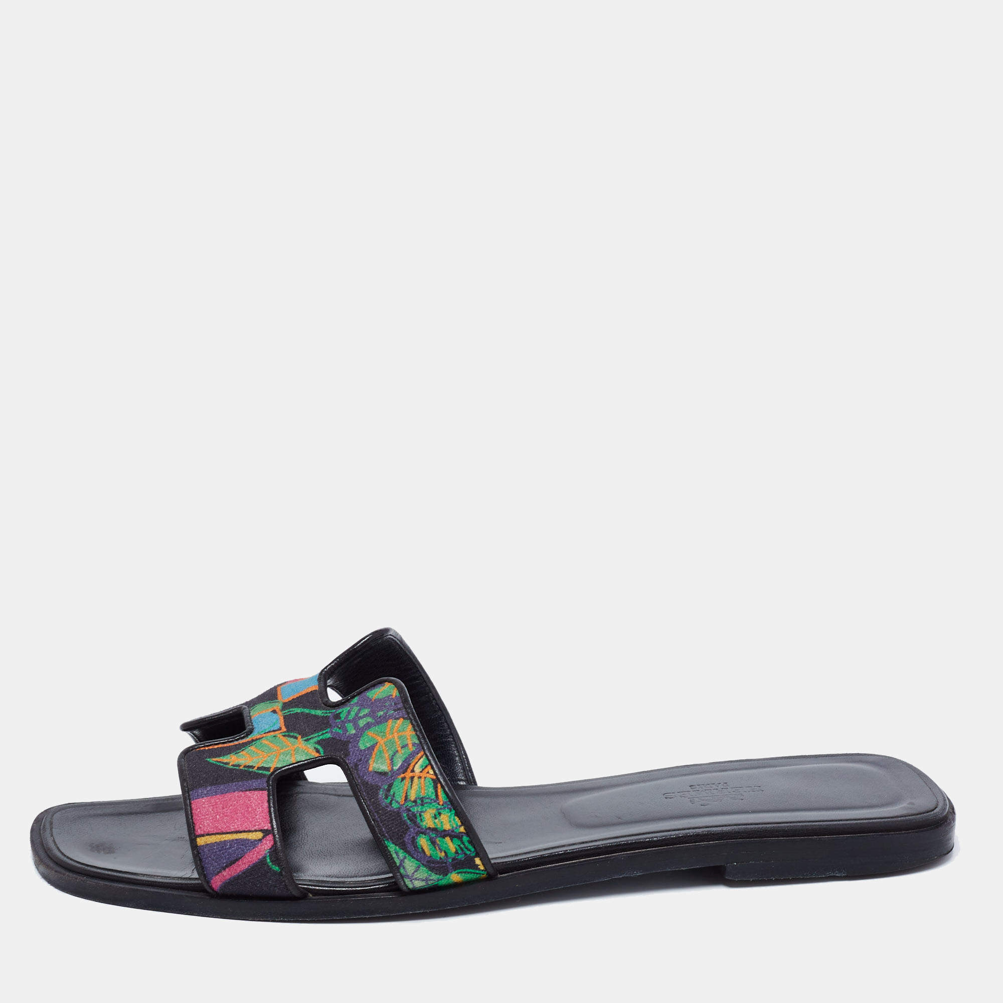 Hermes Multicolor Modernisme Tropical Print Canvas Oran Flat Slides Size 41