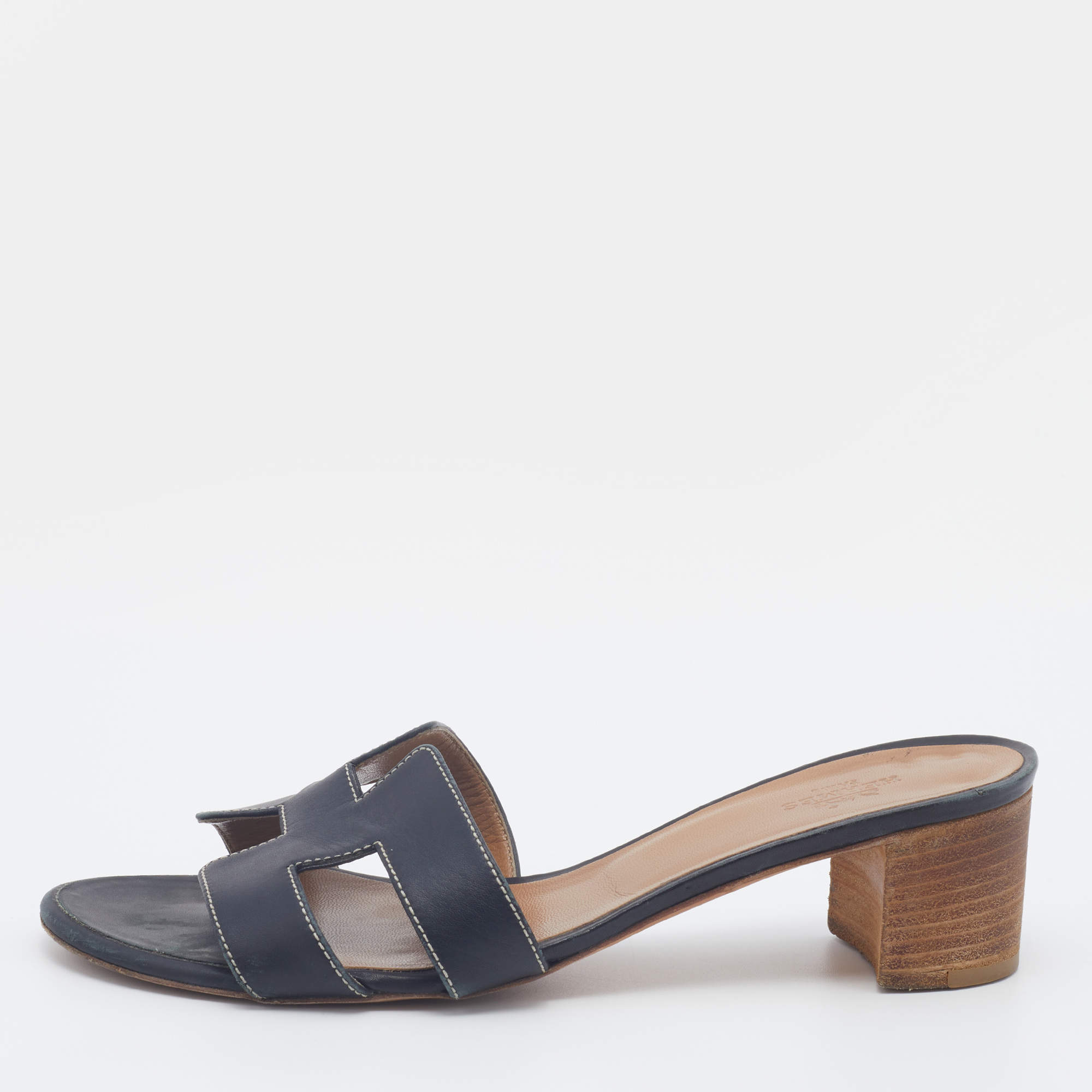 Hermes Black Leather Oasis Block Heel Slide Sandals Size 37