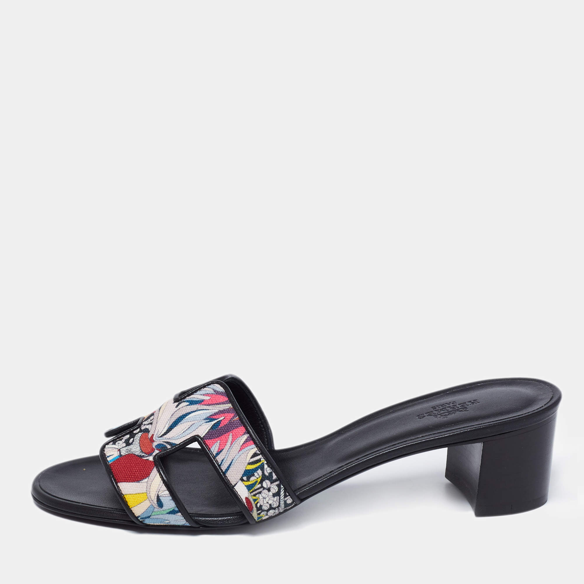 Pre Owned Hermes Black Printed Canvas and Leather Oasis Slide Sandals Size 38