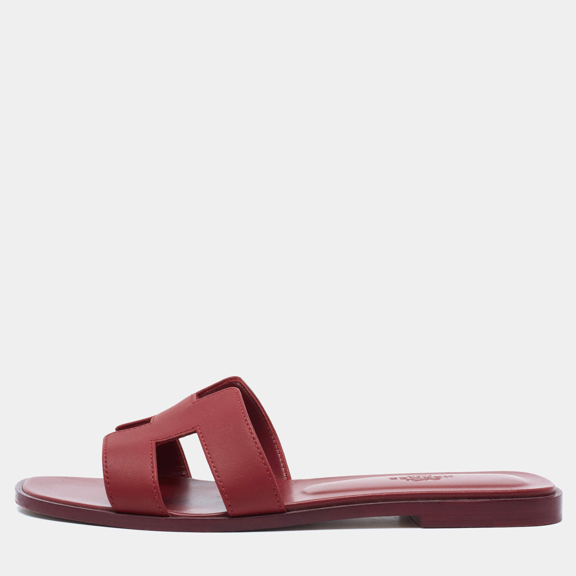 Hermes Burgundy Leather Oran Flat Slides Size 38.5 