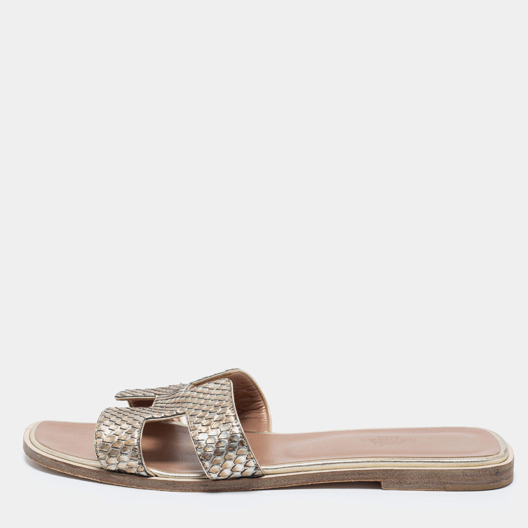 Pre Owned Hermes Metallic Python Leather Oran Flat Slides Size 39